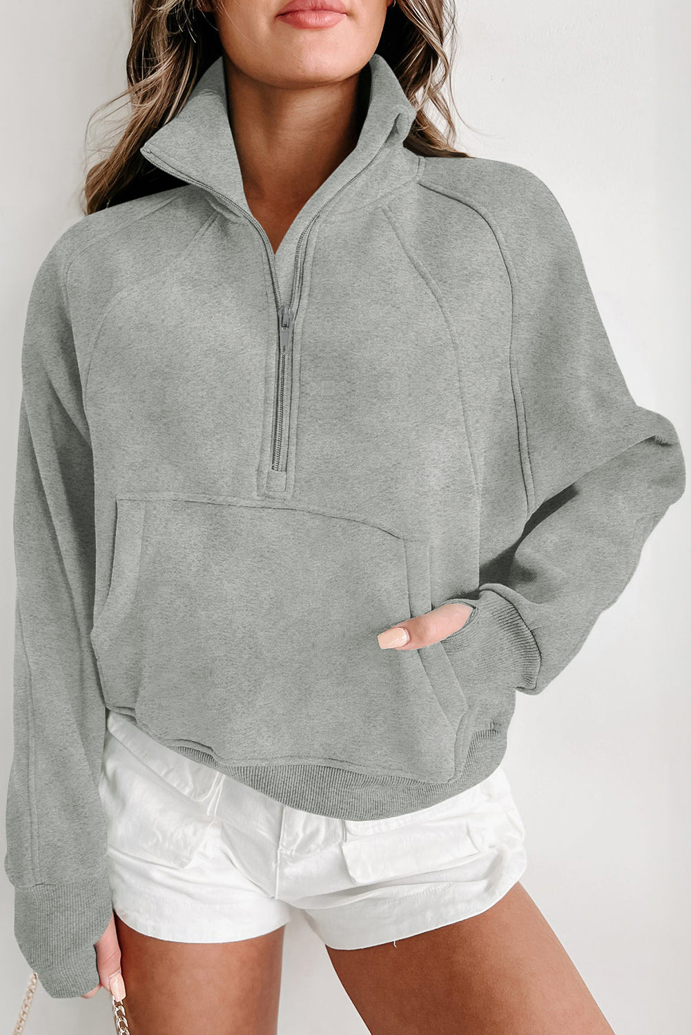 Smoke Green Zip Up Stand Collar Ribbed Thumbhole Sleeve Sweatshirt 