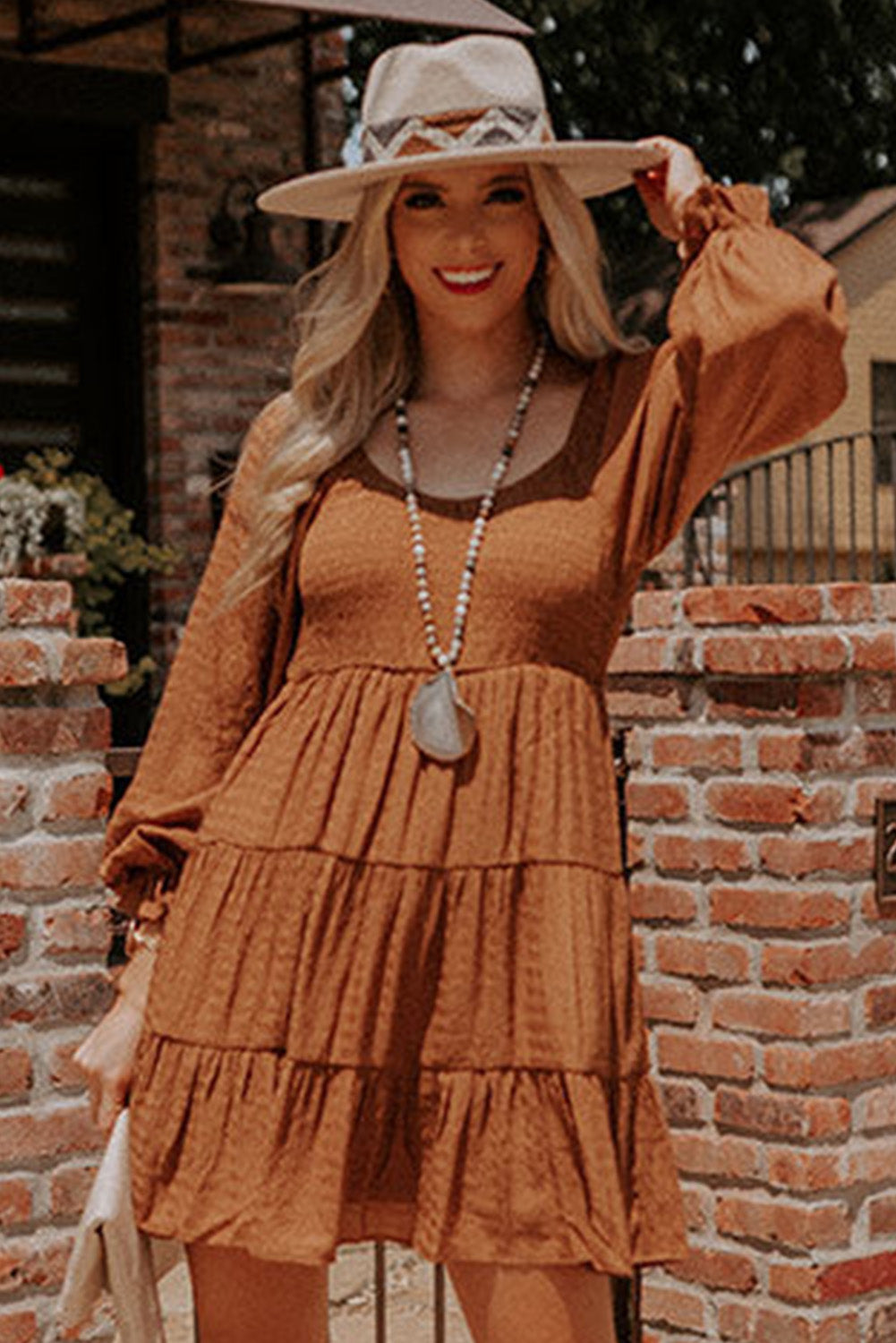 Brown Long Sleeve Smocked Tiered Boho Dress 