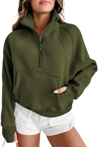 Smoke Green Zip Up Stand Collar Ribbed Thumbhole Sleeve Sweatshirt 