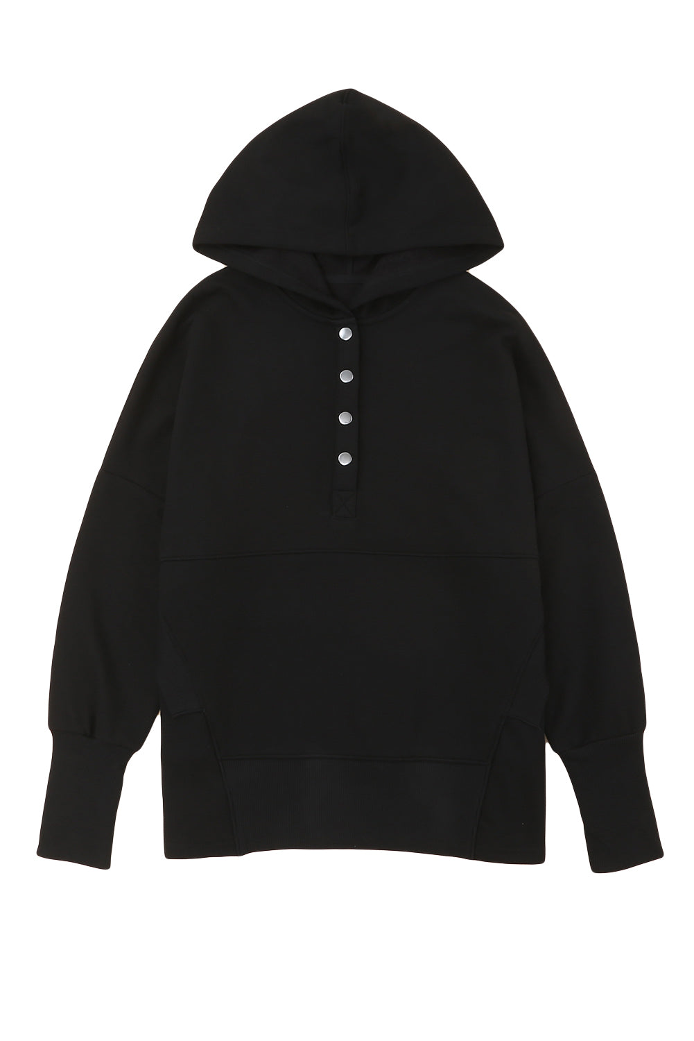 Black Casual Pocketed Batwing Sleeve Henley Hoodie 