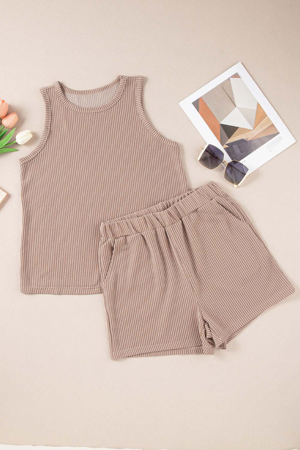 Smoke Gray Corded Tank Top and Pocketed Shorts Set 