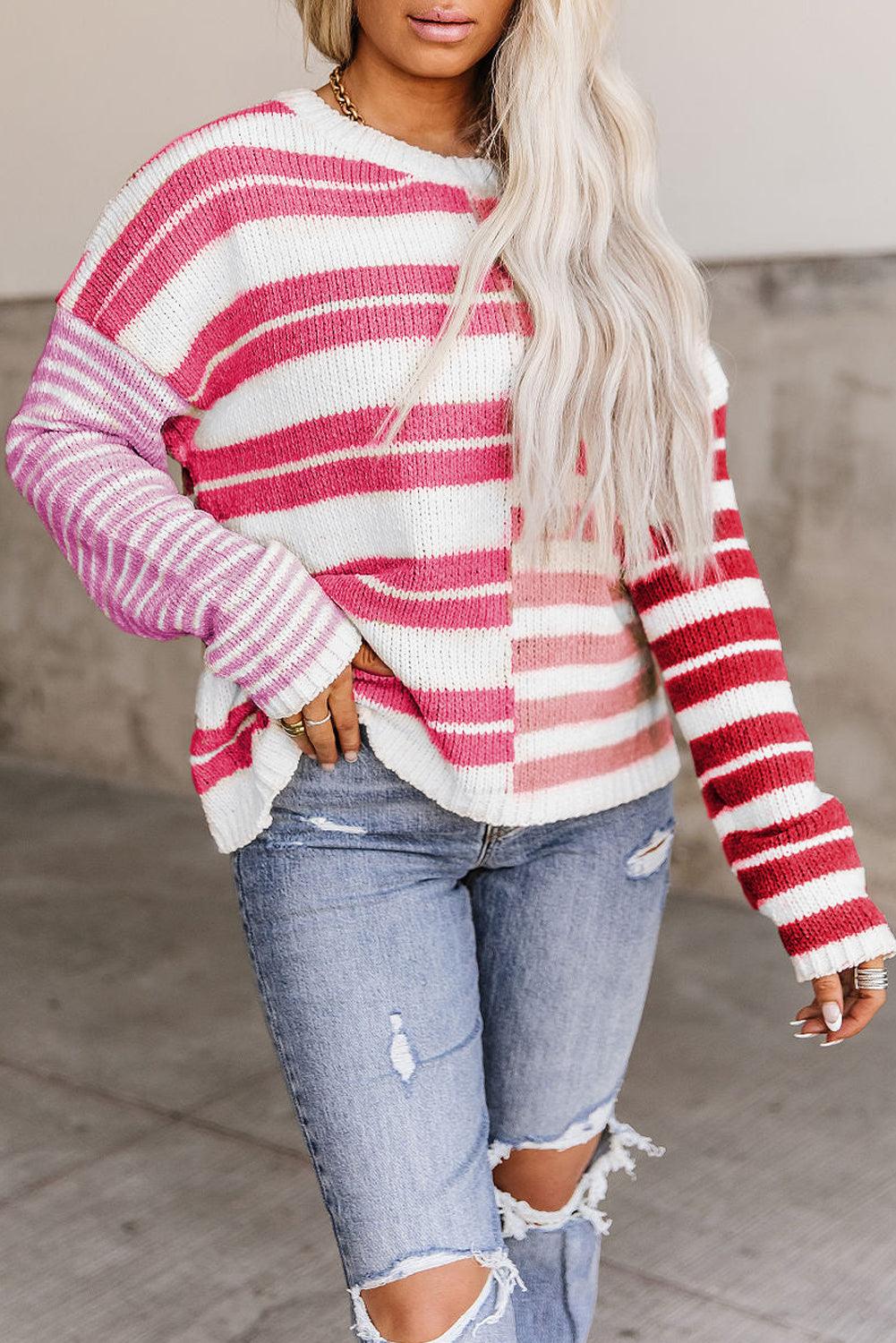 Color Block Drop Shoulder Pullover Striped Sweater - Vesteeto