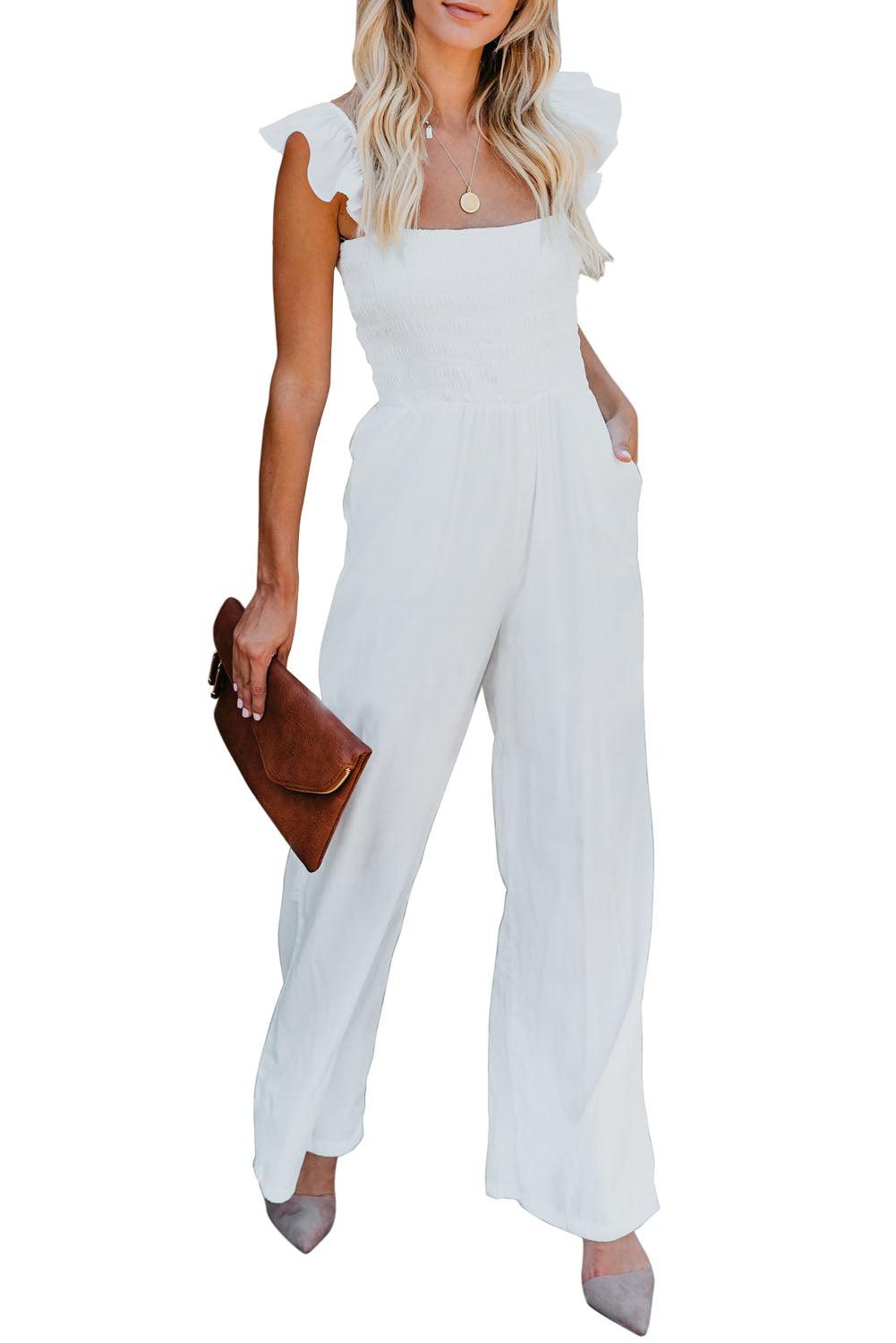 Black Smocked Ruffle Strap Pocket Wide Leg Jumpsuit - Vesteeto