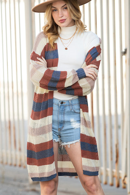 Green Striped Color Block Casual Cutout Knit Cardigan 