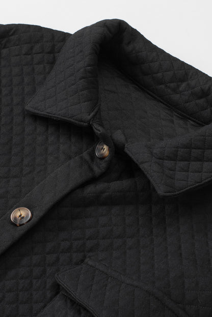 Black Lattice Texture Retro Flap Pocket Button Quilted Shacket 