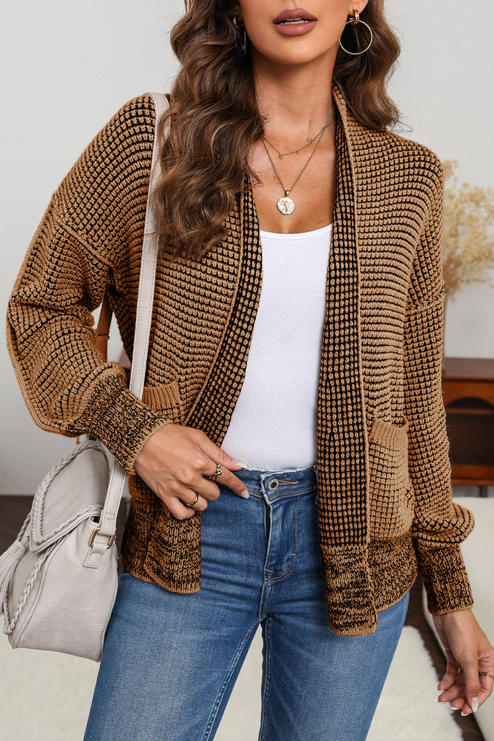 Brown Chunky Knit Pocketed Drop Sleeve Cardigan 