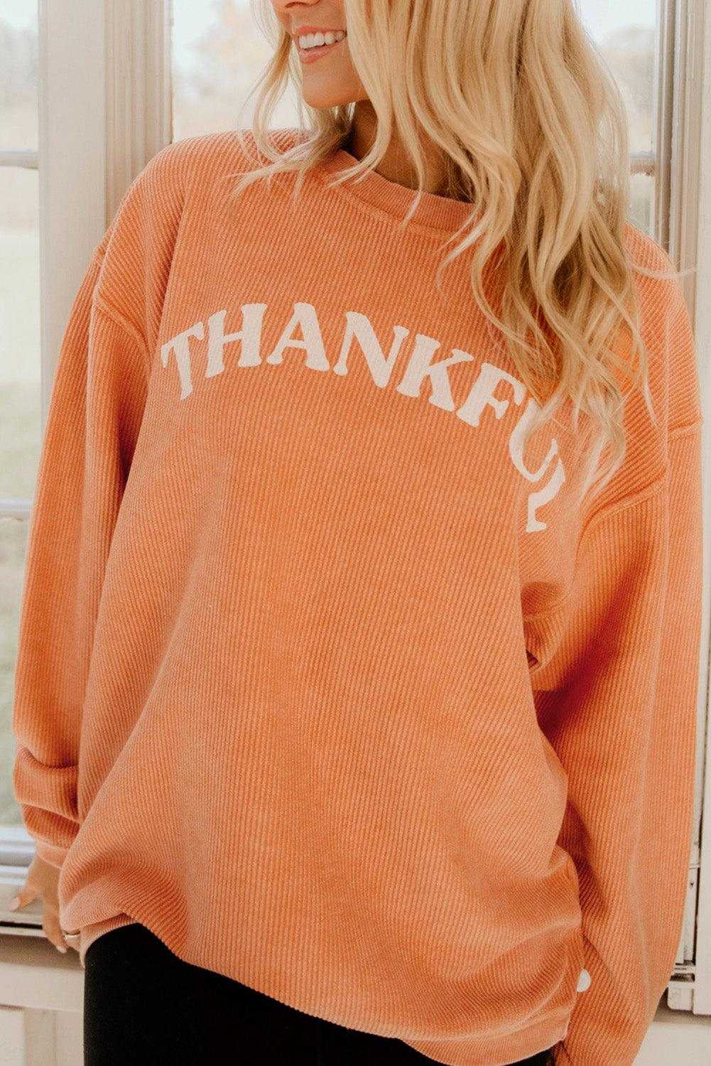 Orange Thanksgiving Thankful Casual Ribbed Corded Sweatshirt 