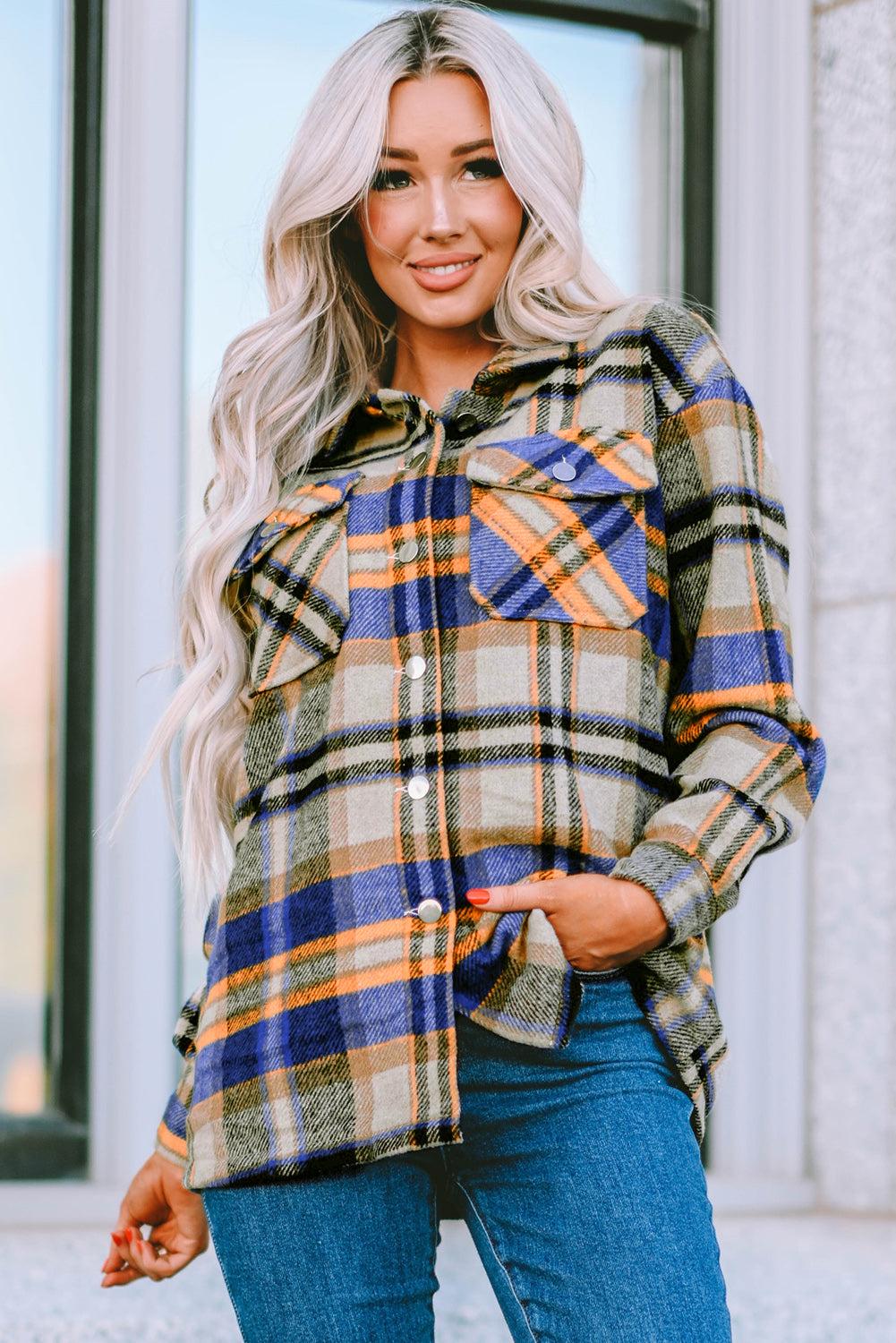 Brown Plaid Button Up Long Sleeve Flannel Shacket 