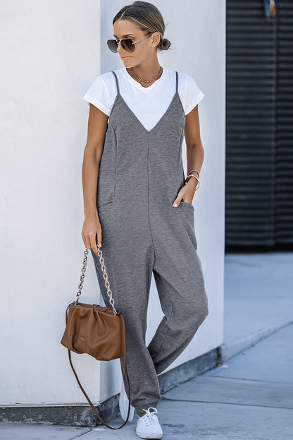 Blue Casual Textured Sleeveless V-Neck Pocketed Jumpsuit