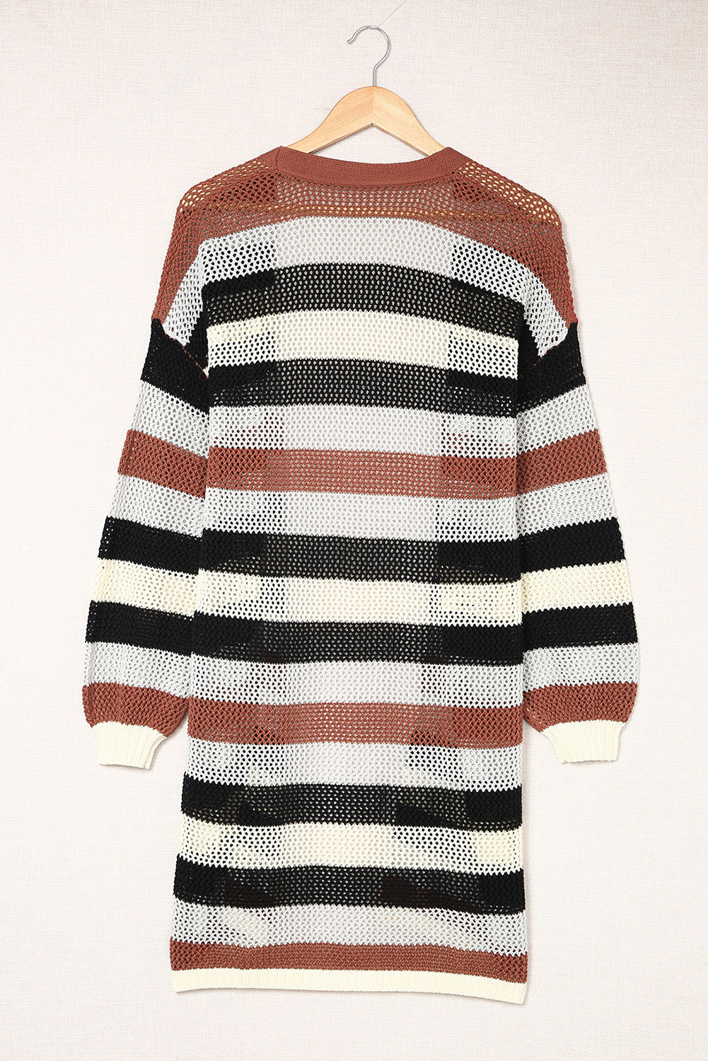 Green Striped Color Block Casual Cutout Knit Cardigan 