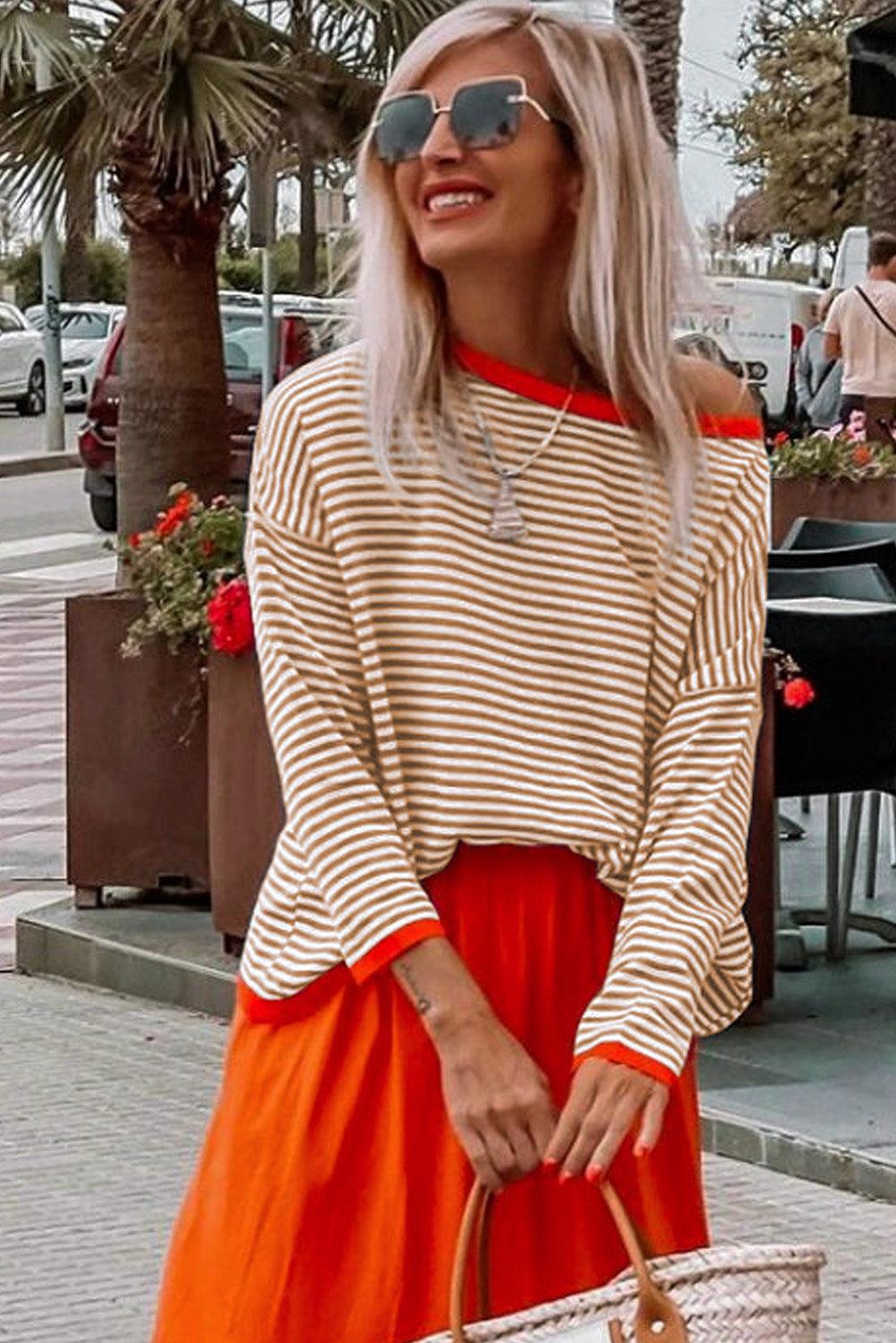 Striped Colorblock Trim Knit Pullover Sweater - Vesteeto