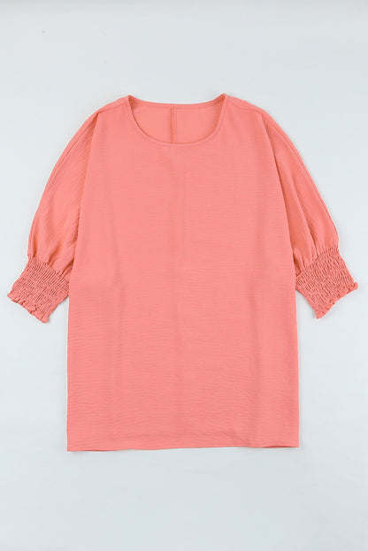 Pink Casual Shirred Cuffs Half Sleeve Blouse 