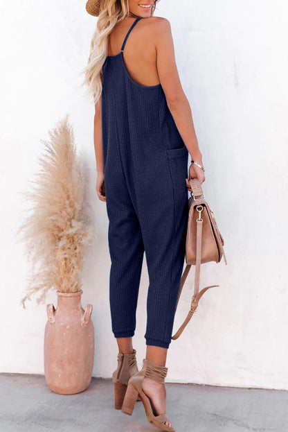 Blue Casual Textured Sleeveless V-Neck Pocketed Jumpsuit