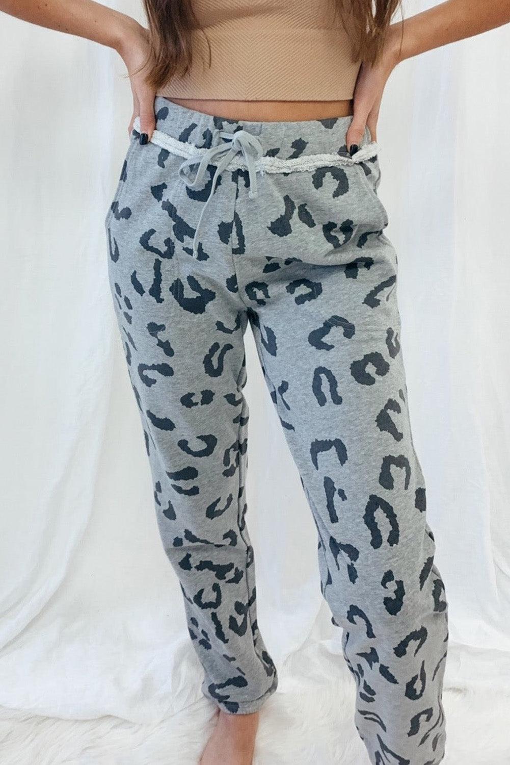 Gray Leopard Print Drawstring High Waist Jogger Pants - Vesteeto