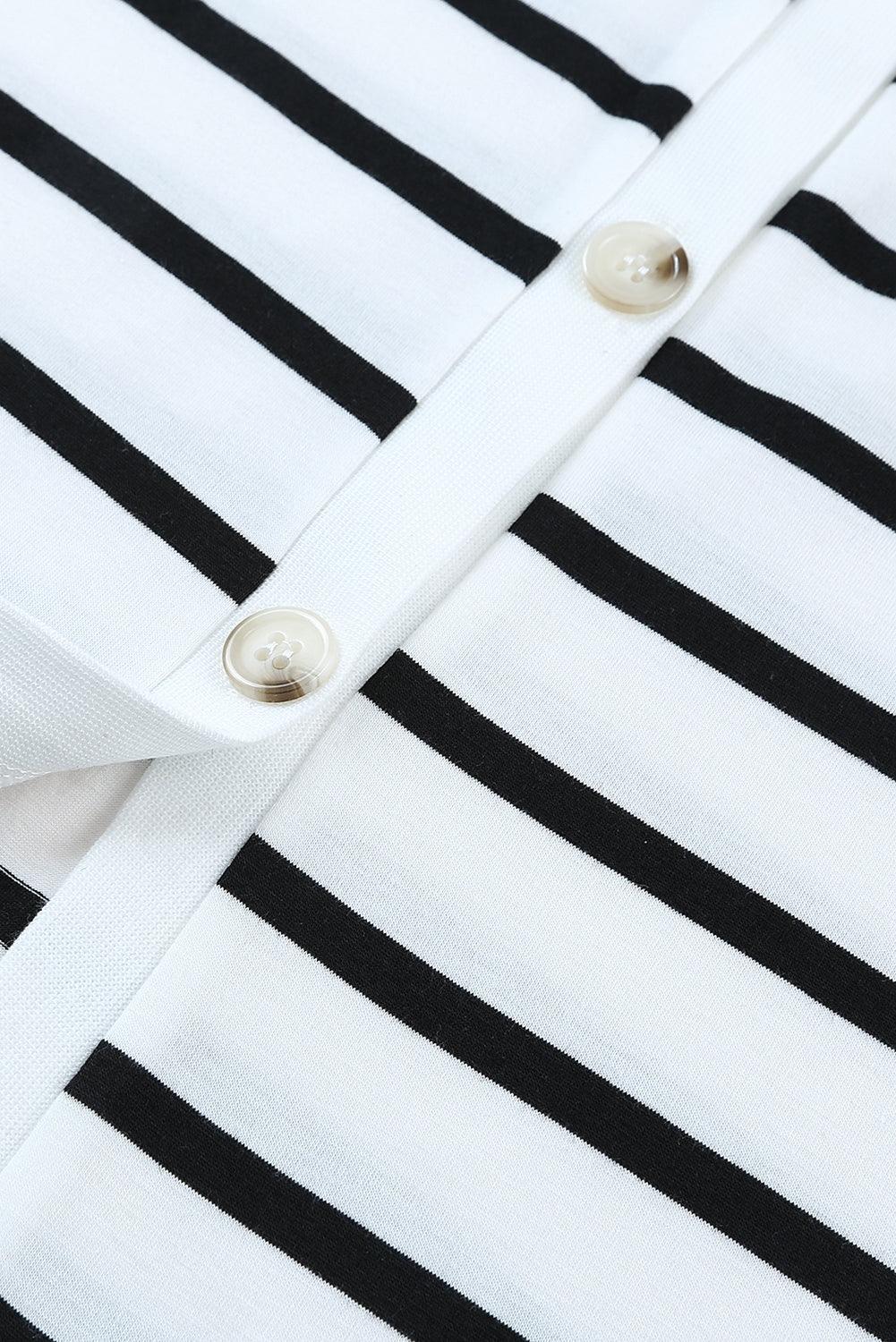 Striped Button Belted Casual V-Neck Midi Dress - Vesteeto