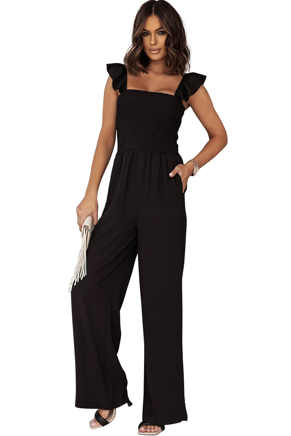 White Smocked Ruffle Strap Pocket Wide Leg Jumpsuit 