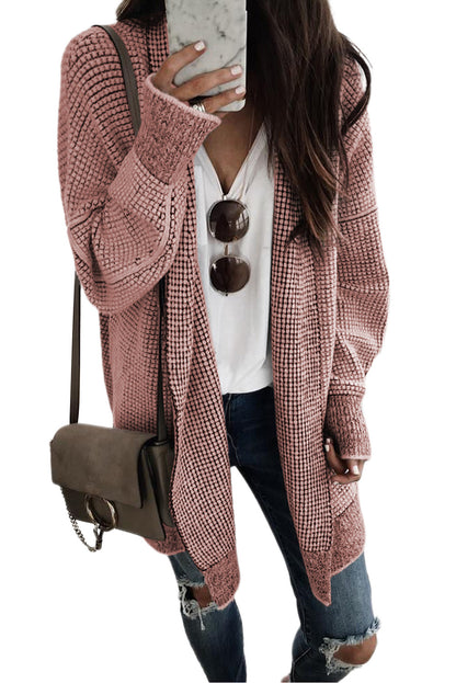 Pink Plaid Contrast Trim Casual Knit Long Cardigan 