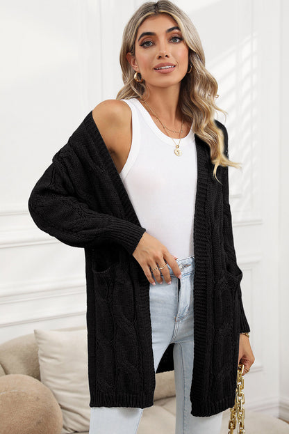 Red Ribbed Trim Hollow Knit Side Slits Cardigan 