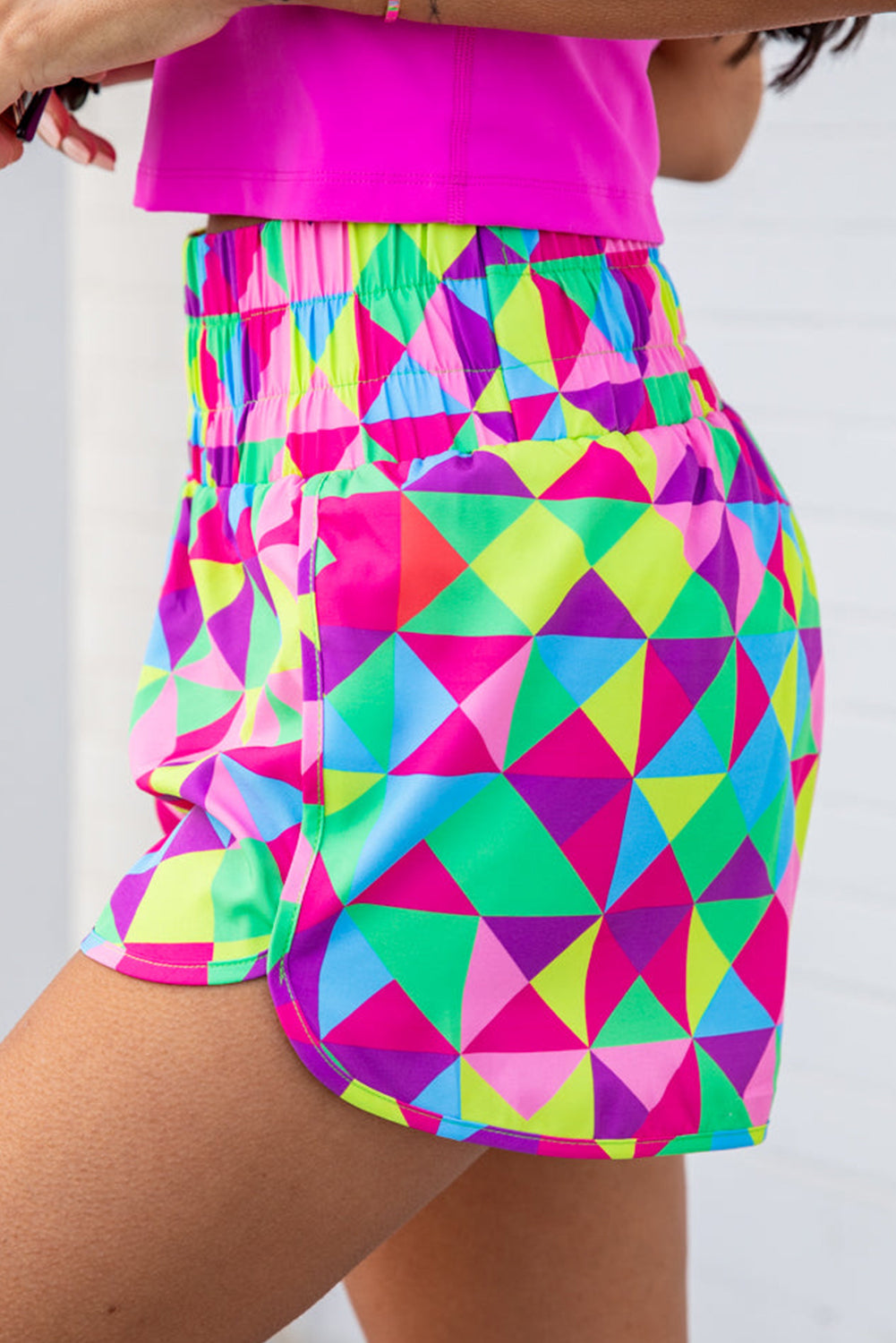 Pink Plaid Print High Waisted Athletic Shorts 