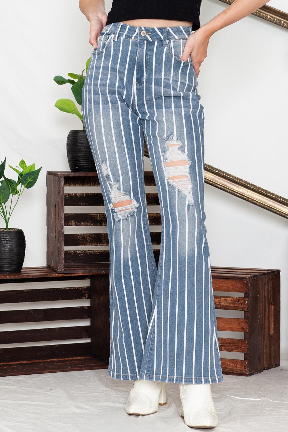 Sky Blue Vertical Striped Ripped Flare Jeans - Vesteeto