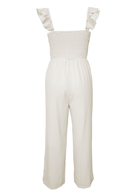 White Smocked Ruffle Strap Pocket Wide Leg Jumpsuit 