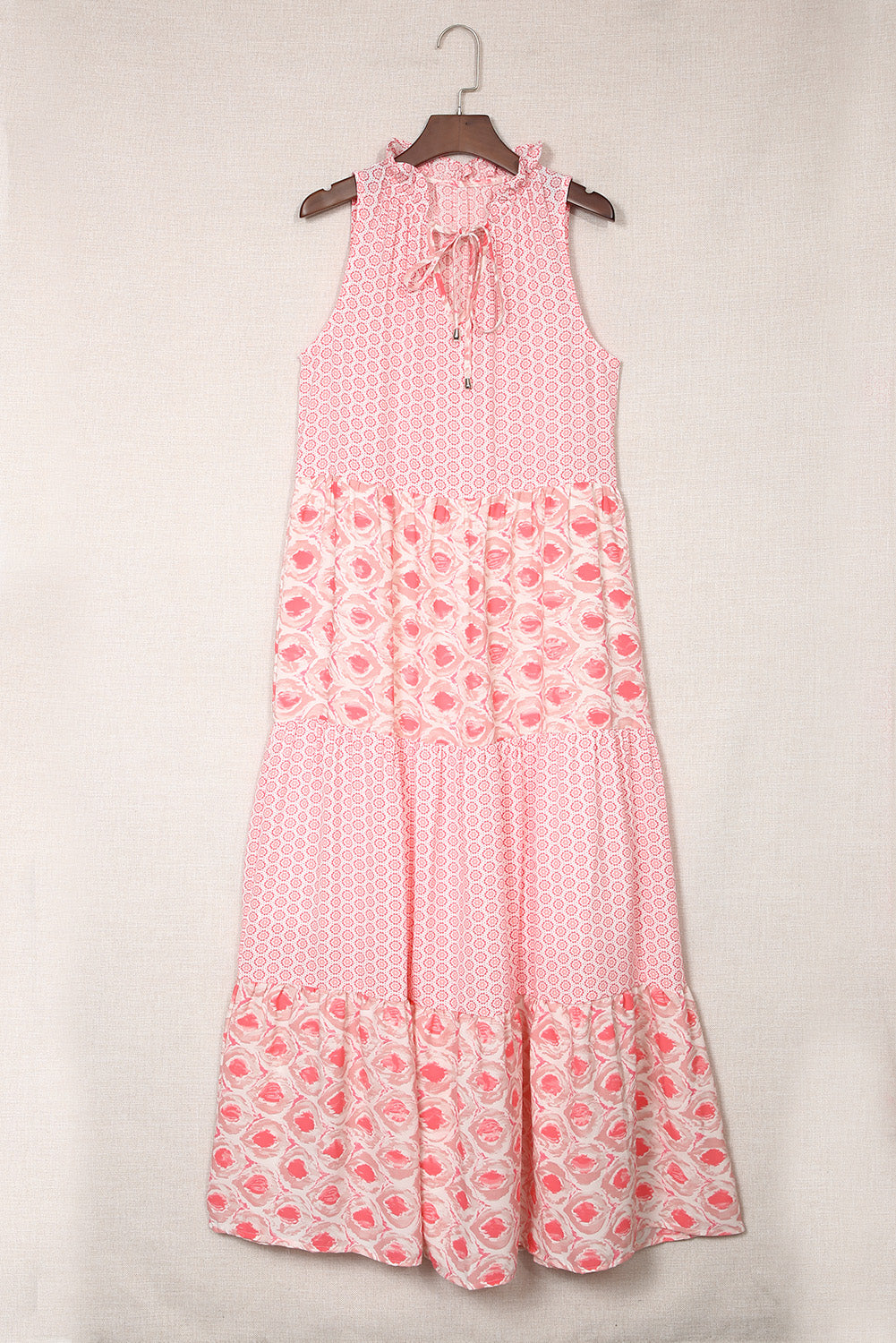 Pink Abstract Print Patchwork Sleeveless V Neck Tiered Dress 