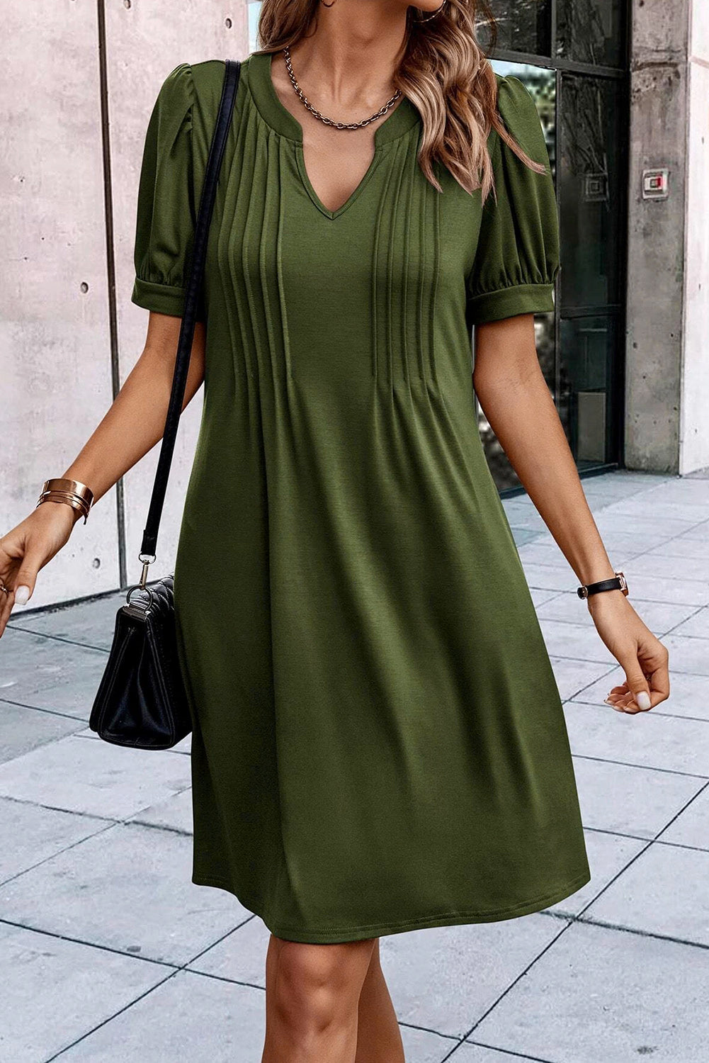 Fern Green Notched Neck Puff Sleeve Pleated T Shirt Dress 