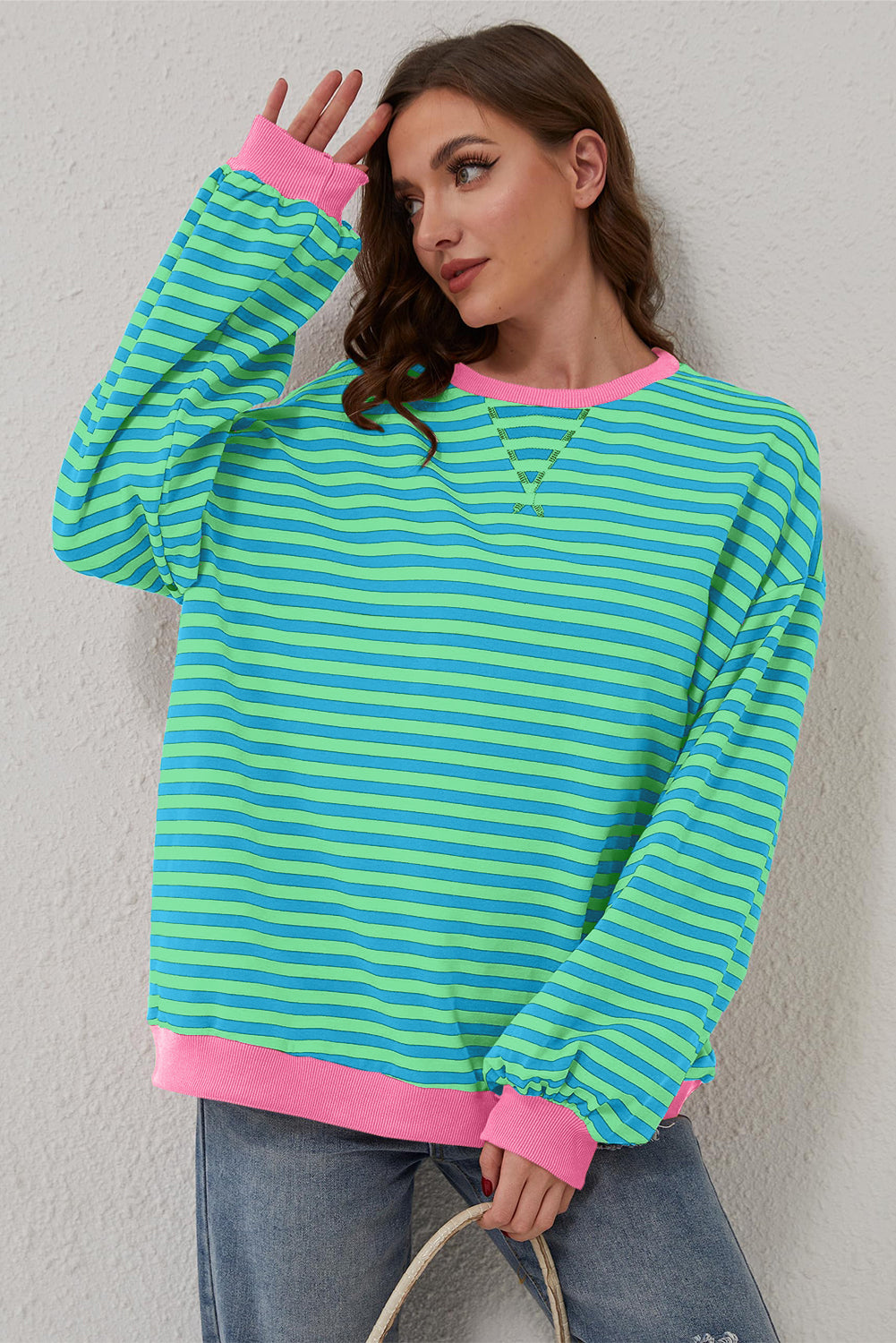 Blue Stripe Contrast Edge Cross Seam Oversized Pullover 