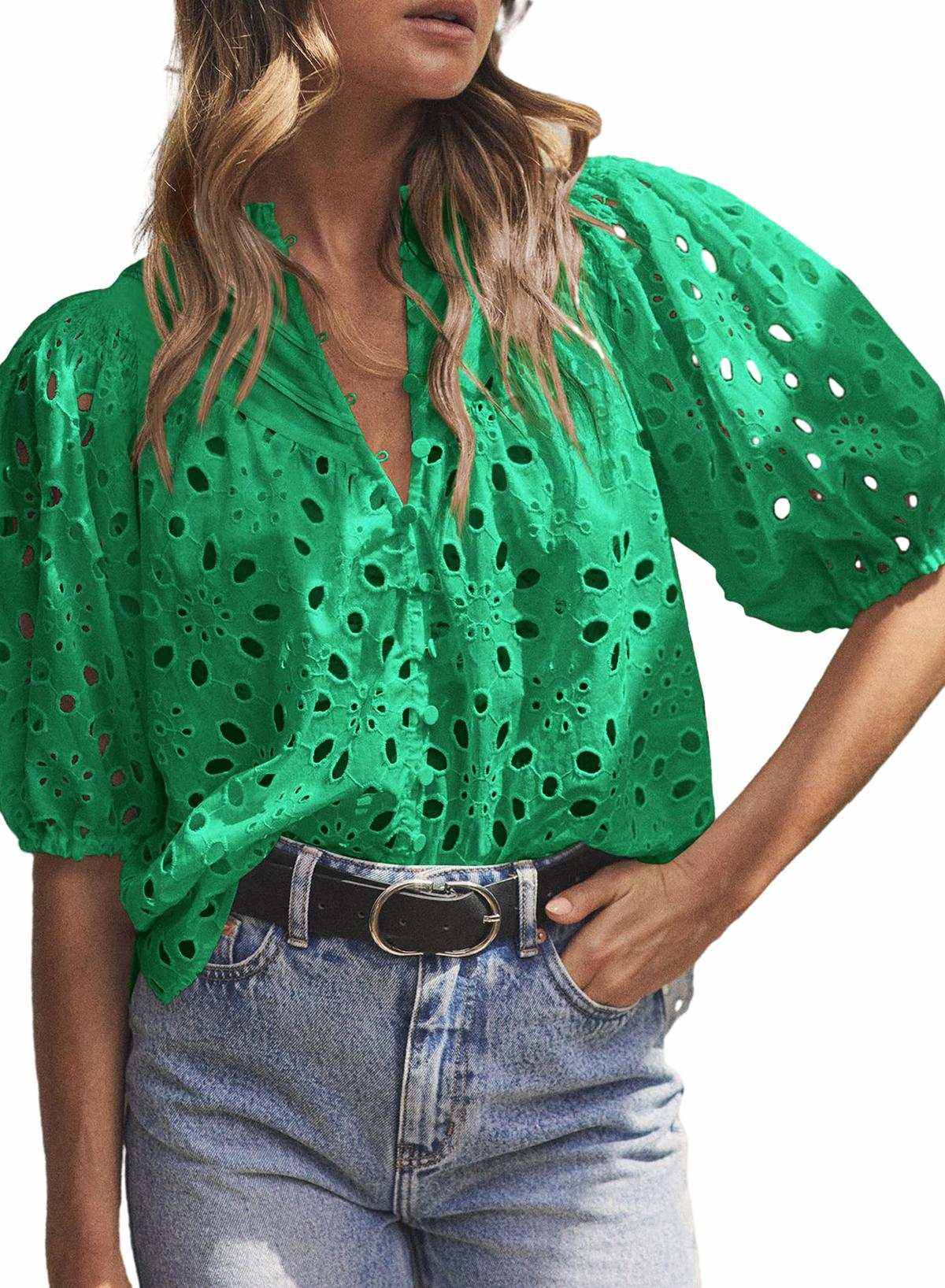 Green Flower Hollow-out Short Puff Sleeve Blouse 