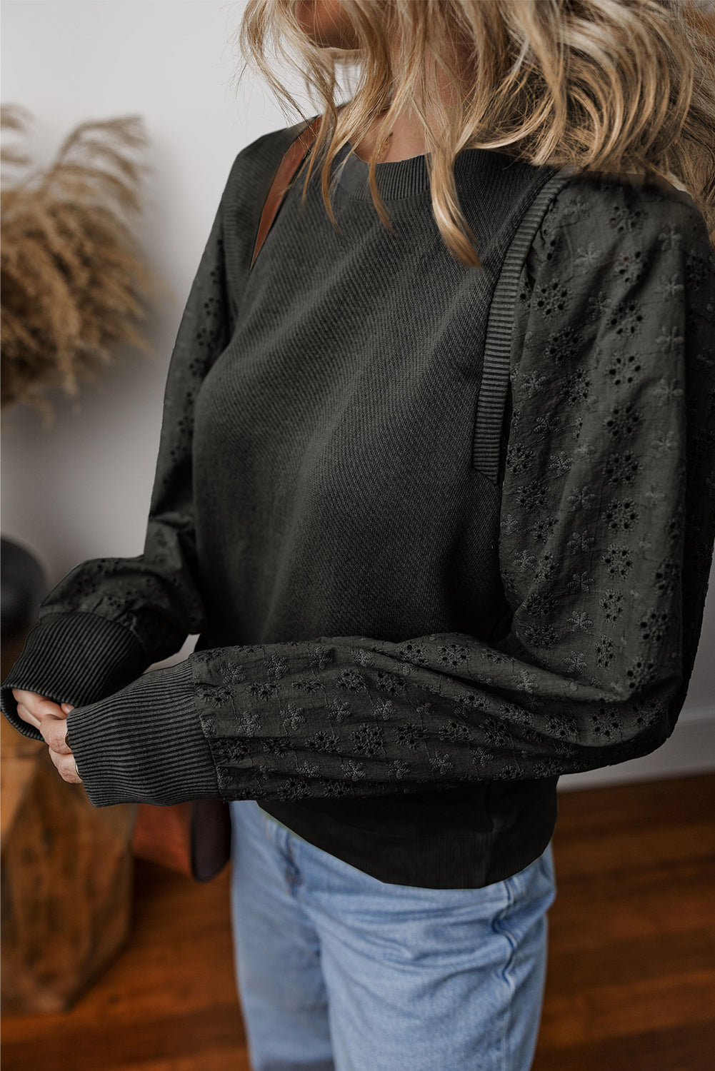 Black Eyelet Embroidered Patchwork Sleeve Ribbed Sweatshirt 