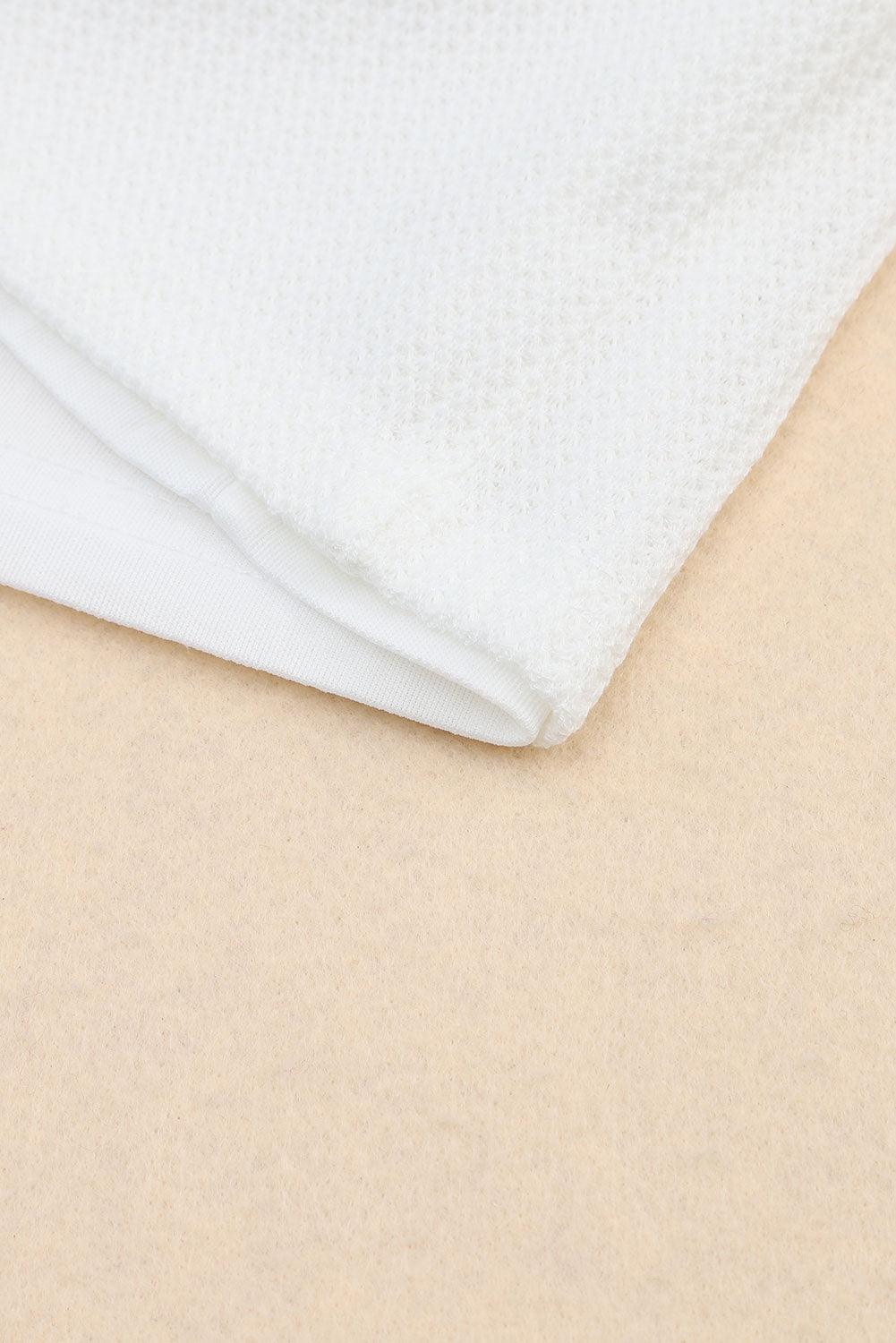 White Waffle Knit Buttoned Long Sleeve Crop & Shorts Lounge Set - Vesteeto