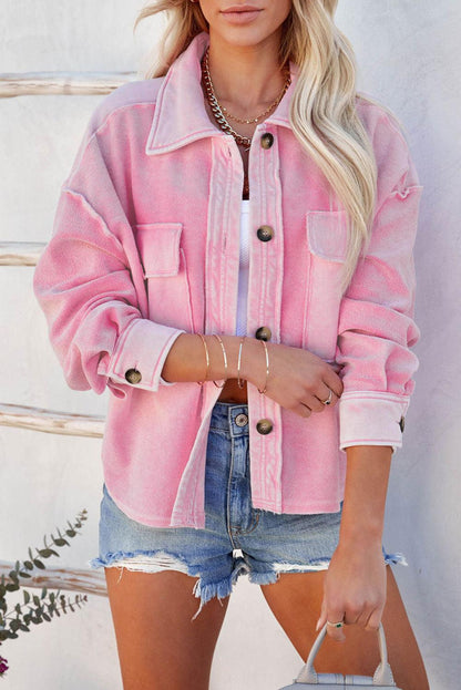 Pink Turn-Down Collar Pockets Shirt Jacket - Vesteeto