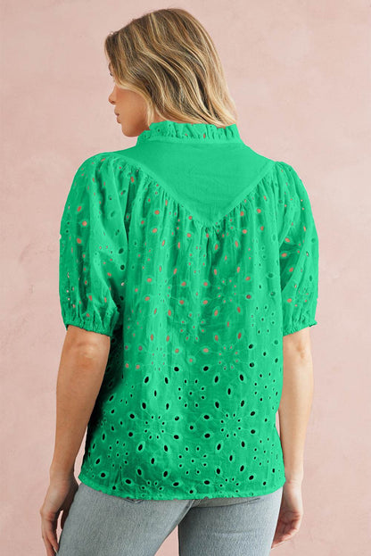 Green Flower Hollow-out Short Puff Sleeve Blouse 