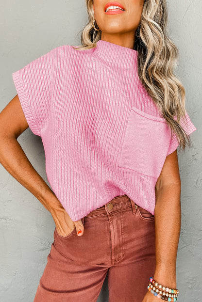 Pink Patch Pocket Ribbed Knit Short Sleeve Sweater 