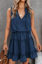 Blue Reversible Frill V Neck Sleeveless Swing Mini Dress 