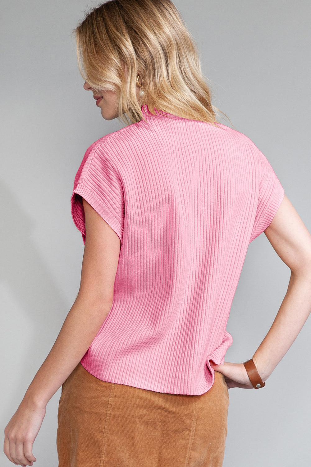 Pink Patch Pocket Ribbed Knit Short Sleeve Sweater 