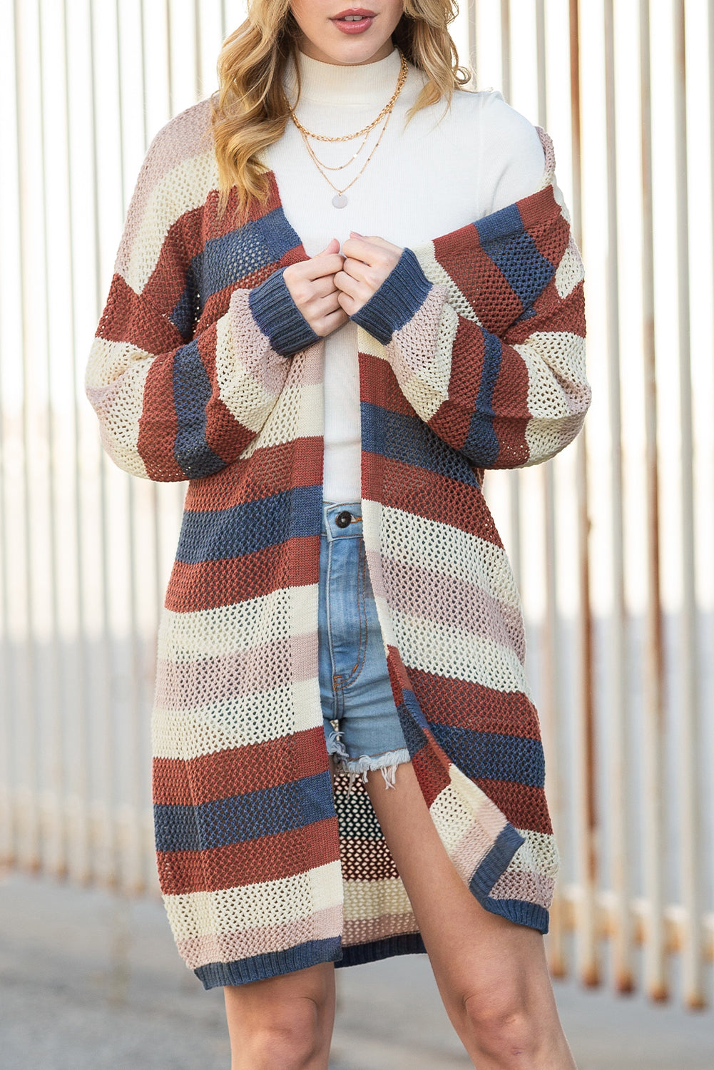 Green Striped Color Block Casual Cutout Knit Cardigan 