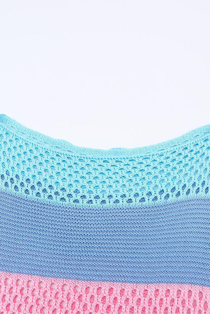 Sky Blue Knitted Eyelet Colorblock Striped Half Sleeves Top - Vesteeto