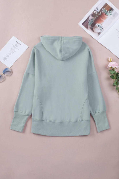 Light Blue Casual Batwing Sleeve Pocket Henley Hoodie 