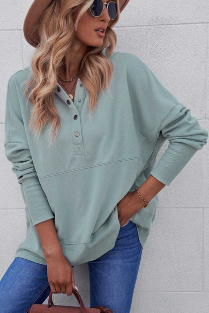 Light Blue Casual Batwing Sleeve Pocket Henley Hoodie 