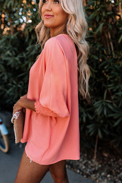 Pink Casual Shirred Cuffs Half Sleeve Blouse 