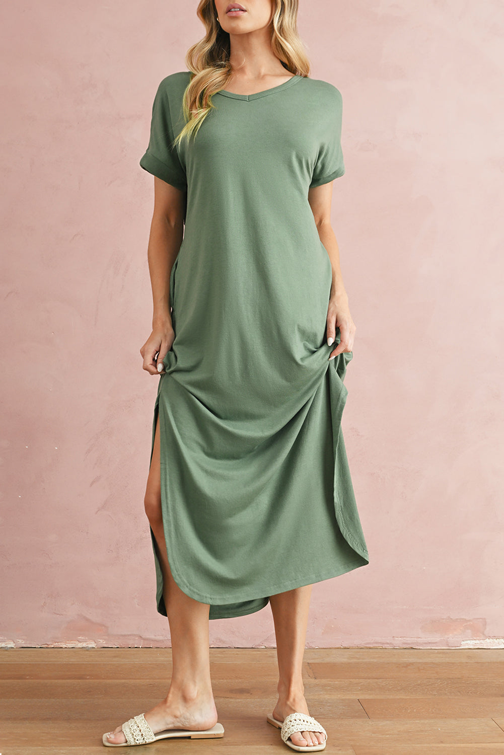 Grass Green Solid Color Hidden Pocket V Neck Slit Maxi Dress 