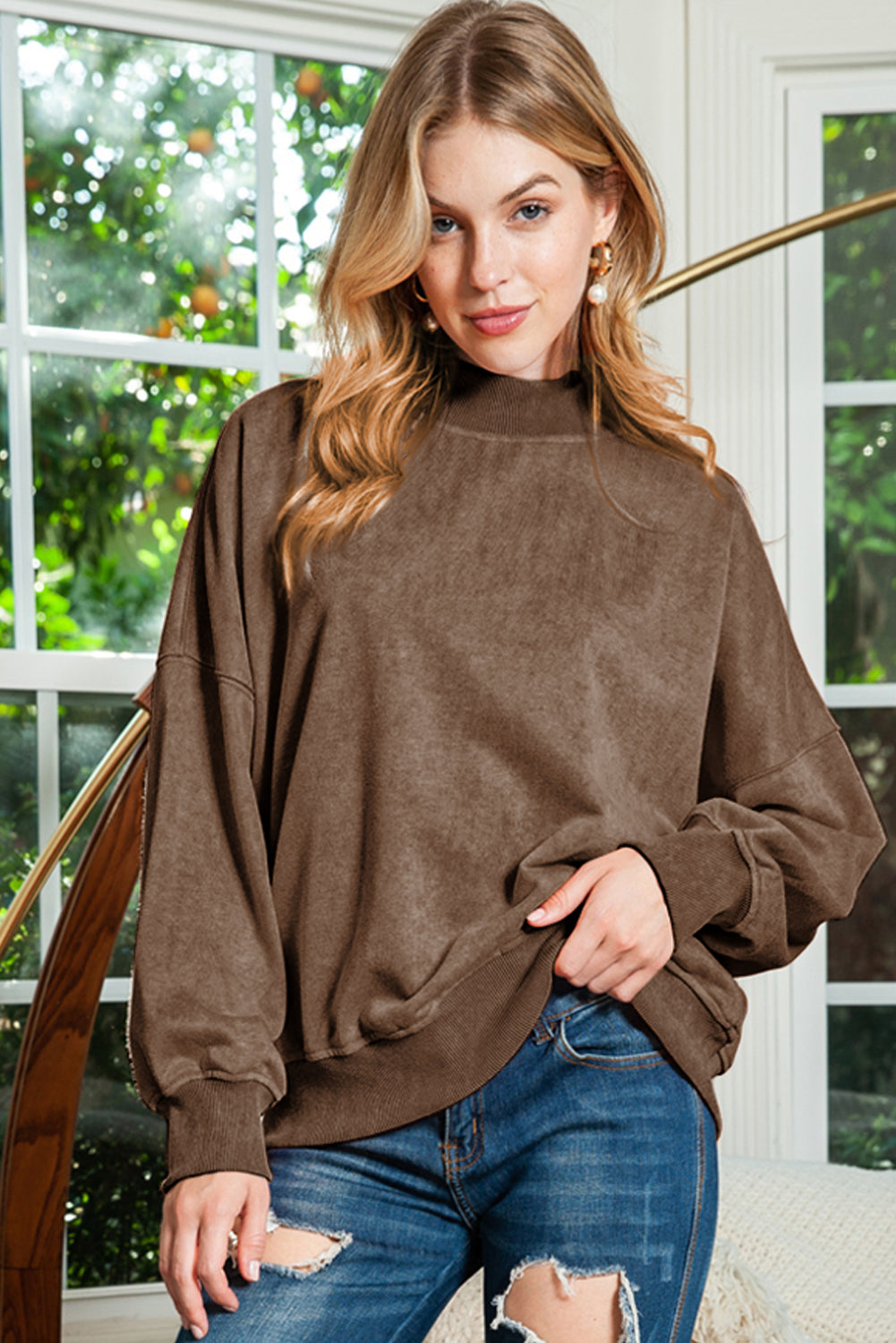 Brown Plain Drop Shoulder Crew Neck Pullover Sweatshirt 