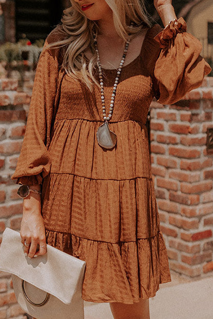 Brown Long Sleeve Smocked Tiered Boho Dress 