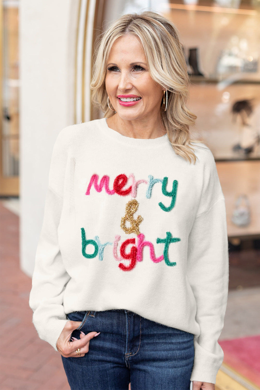 White Glitter Merry & Bright Round Neck Knit Sweater 