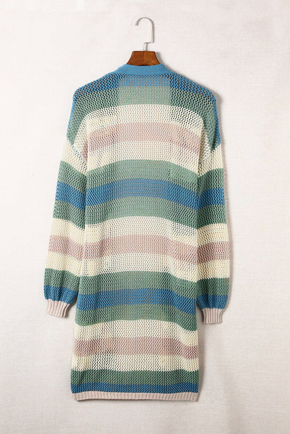 Green Striped Color Block Casual Cutout Knit Cardigan 