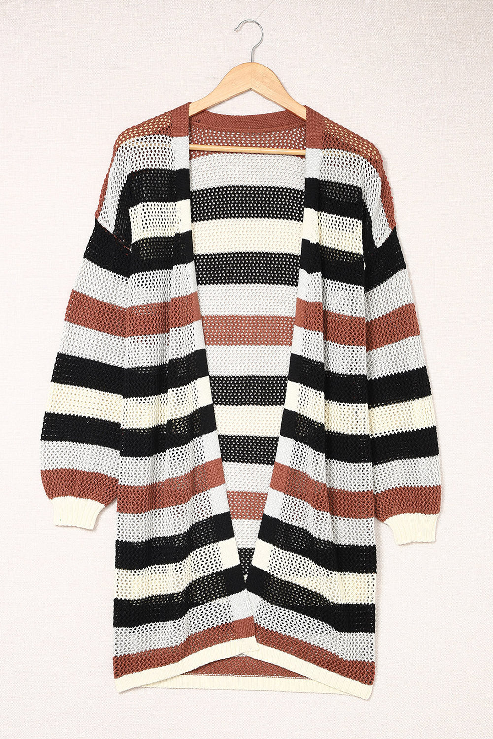 Green Striped Color Block Casual Cutout Knit Cardigan 