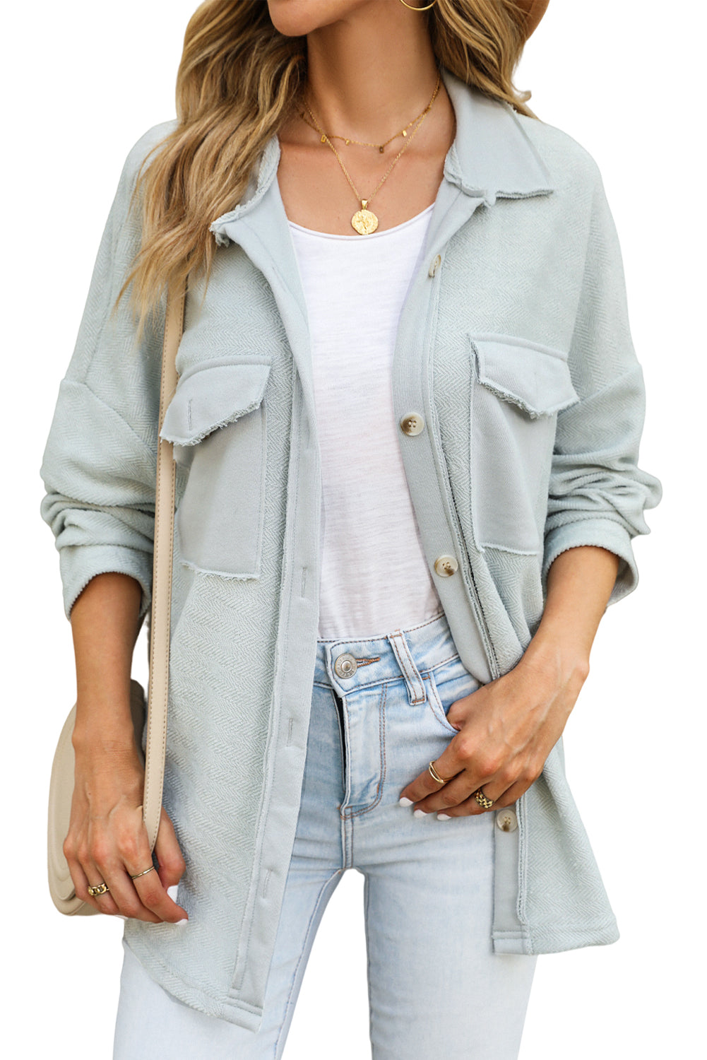 Grey Solid Color Textured Button Up Shirt Shacket with Pockets 