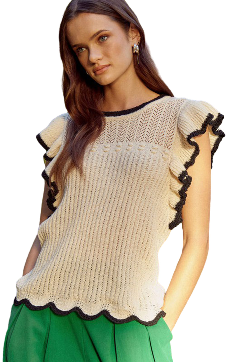 White Contrast Trim Ruffle Hollow Knit Tee
