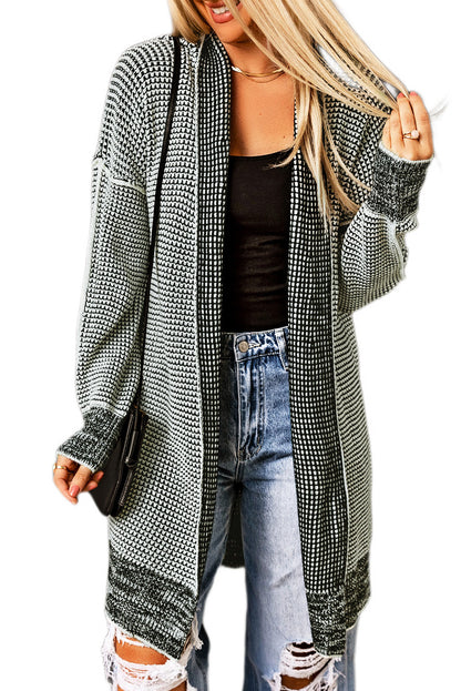 Pink Plaid Contrast Trim Casual Knit Long Cardigan 